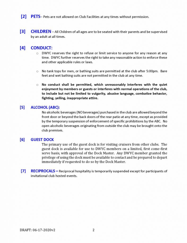 New House Rules as of 06/18/2020 Dana West Yacht Club